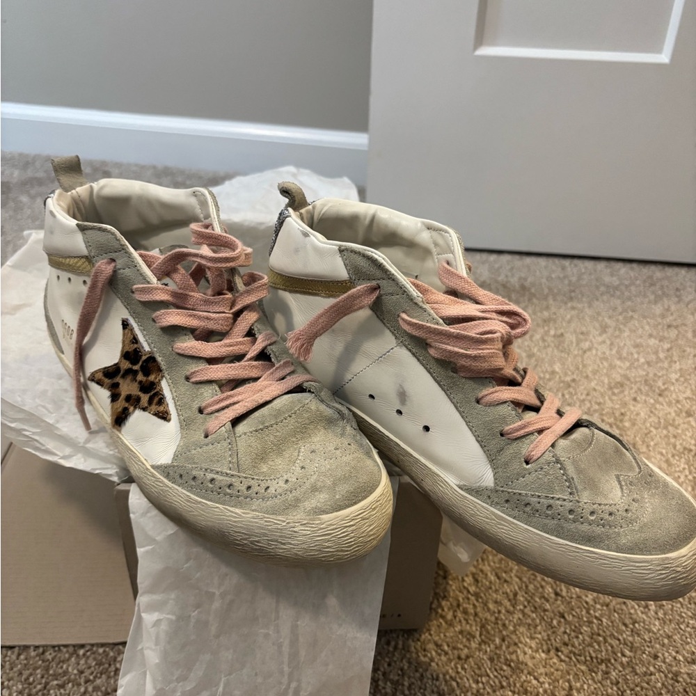 Golden Goose Mid Star Women's Sneakers - Gray and Pink with Leopard Star